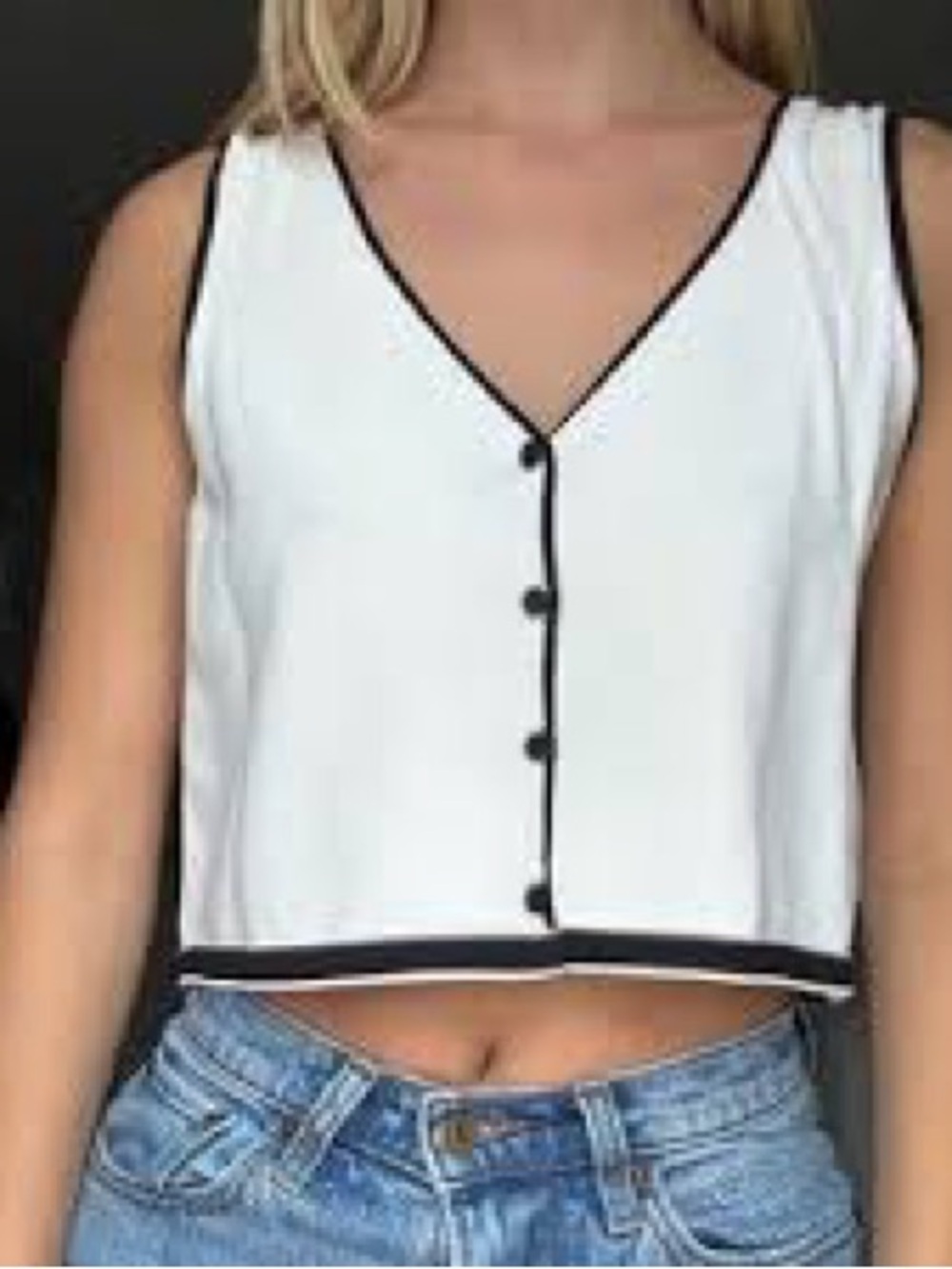 🍄Oak & Fort White Crop Button Tank Top with Black Trim